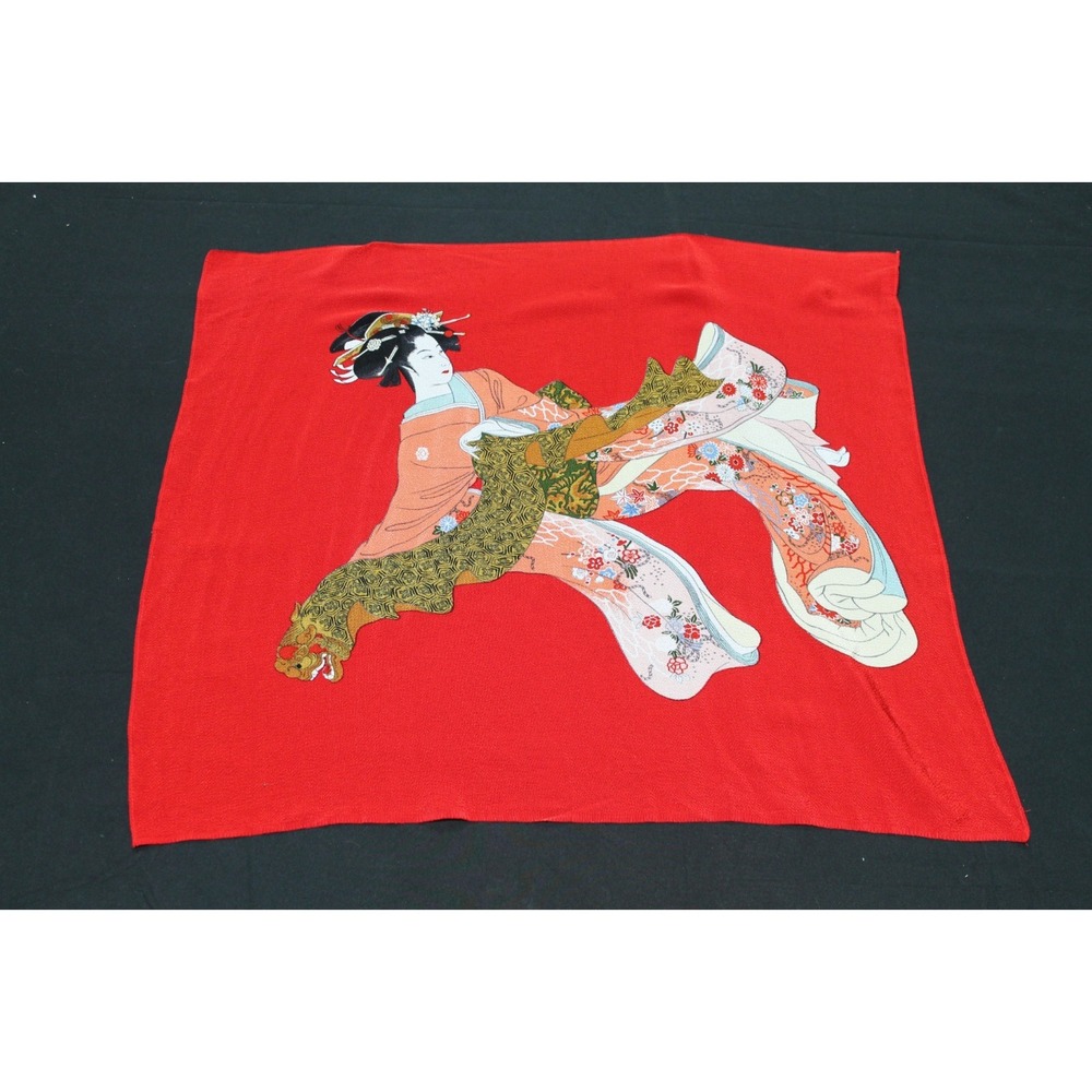 Vintage Japanese Chirimen Geisha Scarf Wrapping Red Rayon Handkerchief 26x28